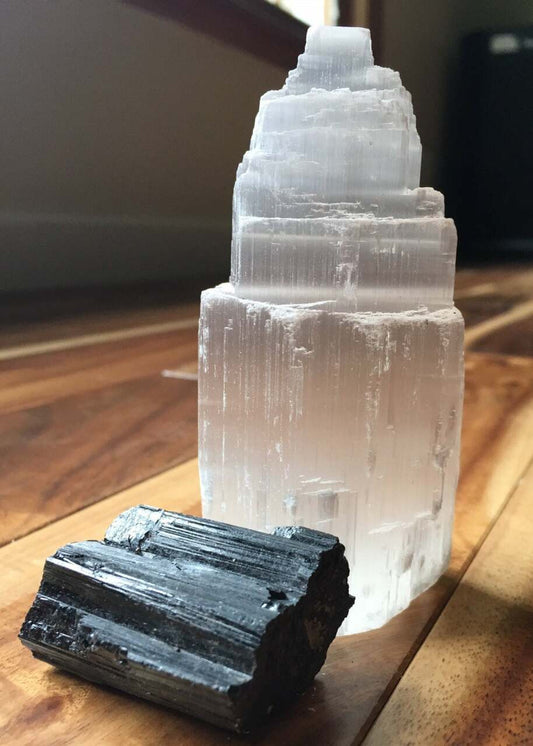 Selenite Tower & Black Tourmaline Protection Kit (Raw)