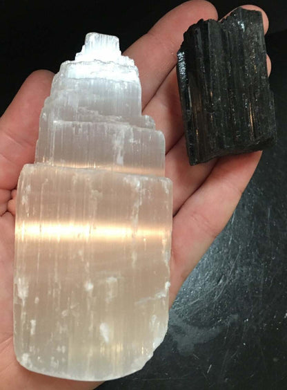 Selenite Tower & Black Tourmaline Protection Kit (Raw)