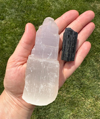 Selenite Tower & Black Tourmaline Protection Kit (Raw)